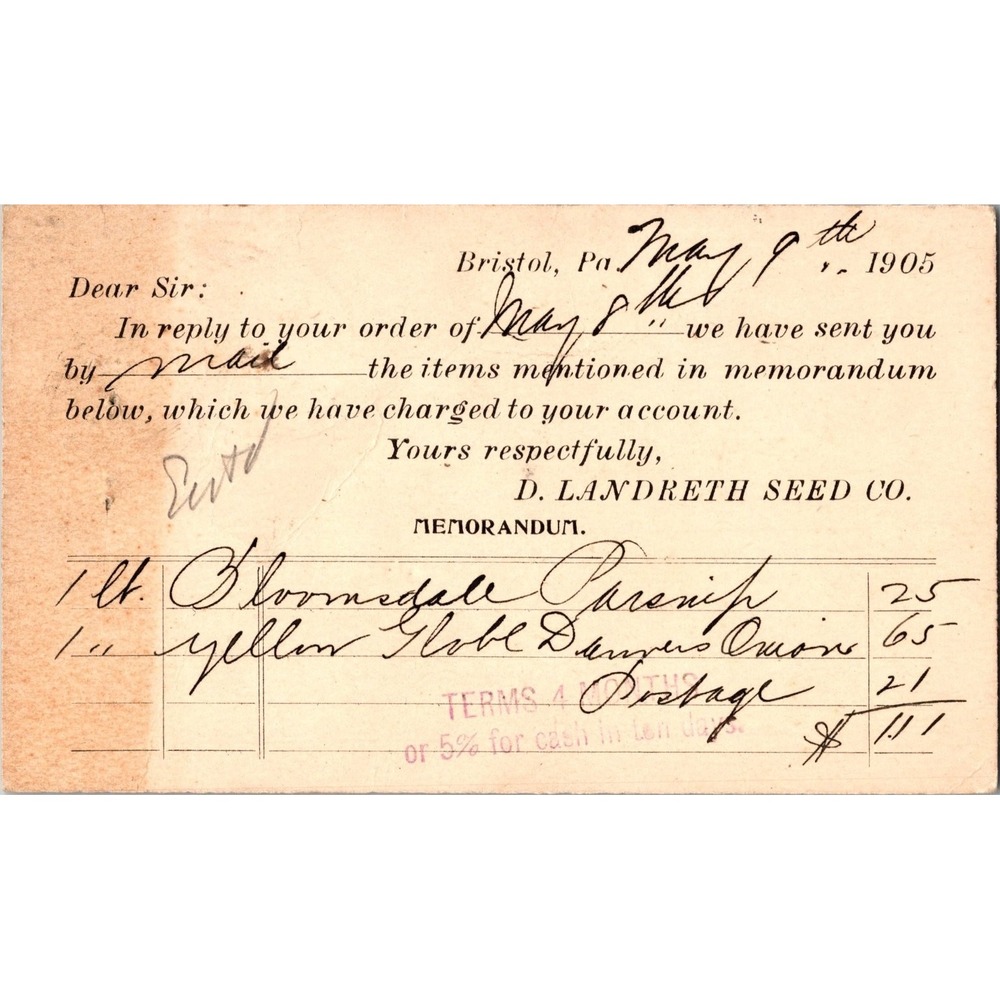 1905 D.‎ Landreth Seed Co. Memorandum Vintage Postal Card Bristol PA